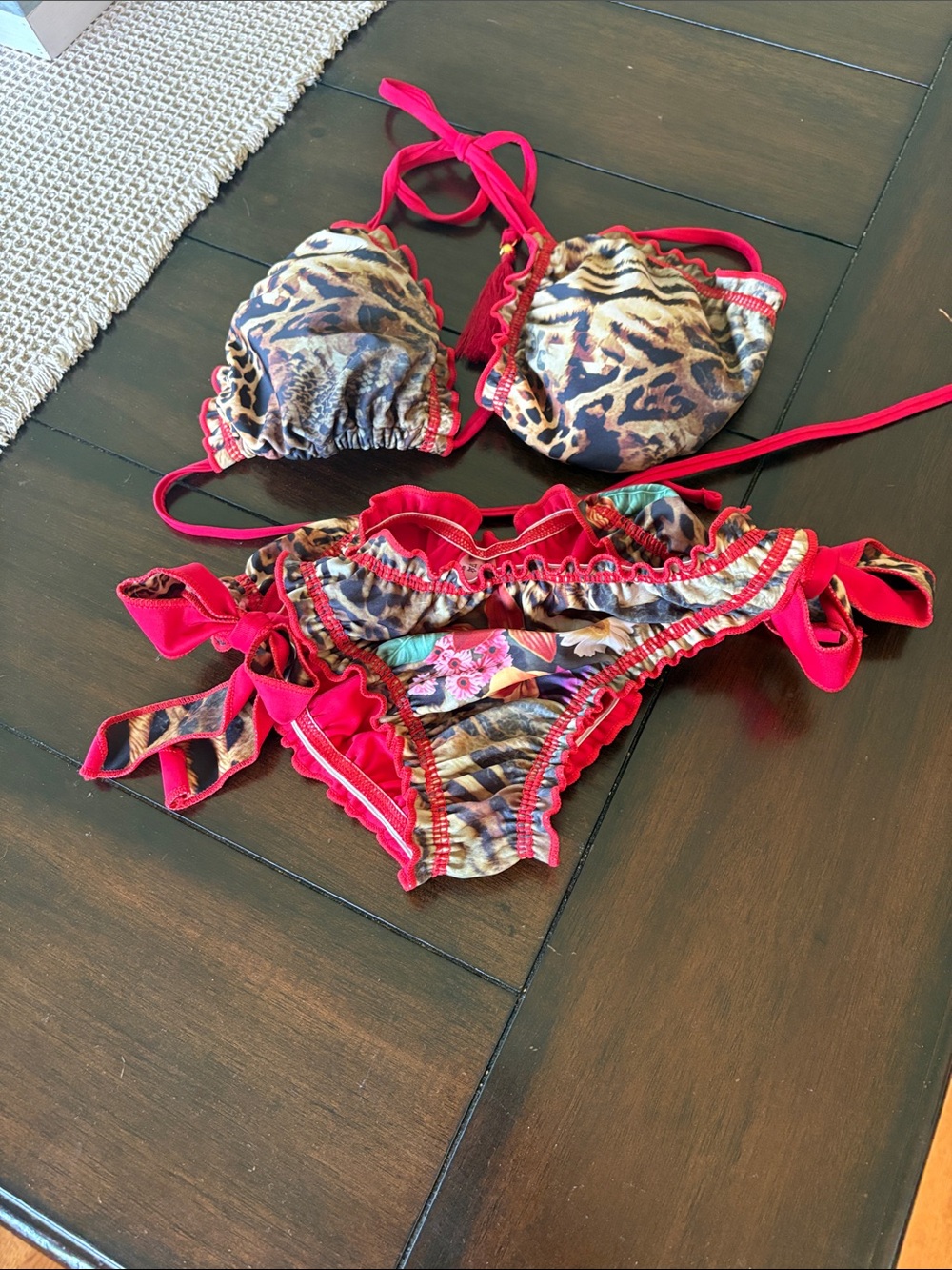 Red Trim Leopard Print Ruffle Bikini Set, never worn